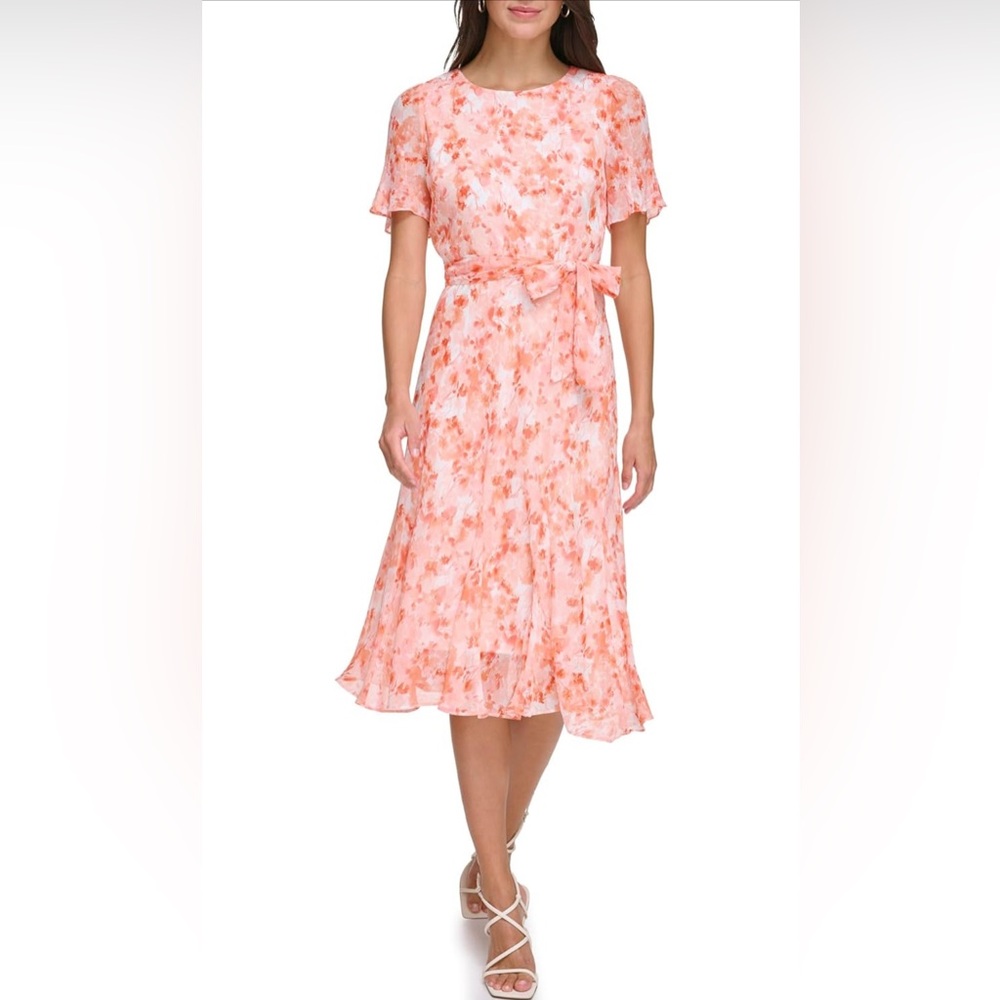 DKNY Womens Flutter Sleeve Round Neck Waist Tie Midi Dress